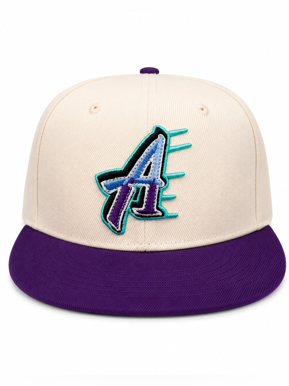 Retro 90s Arizona Theme "A" Embroidered Snapback – Purple & Cream Flat Bill Cap